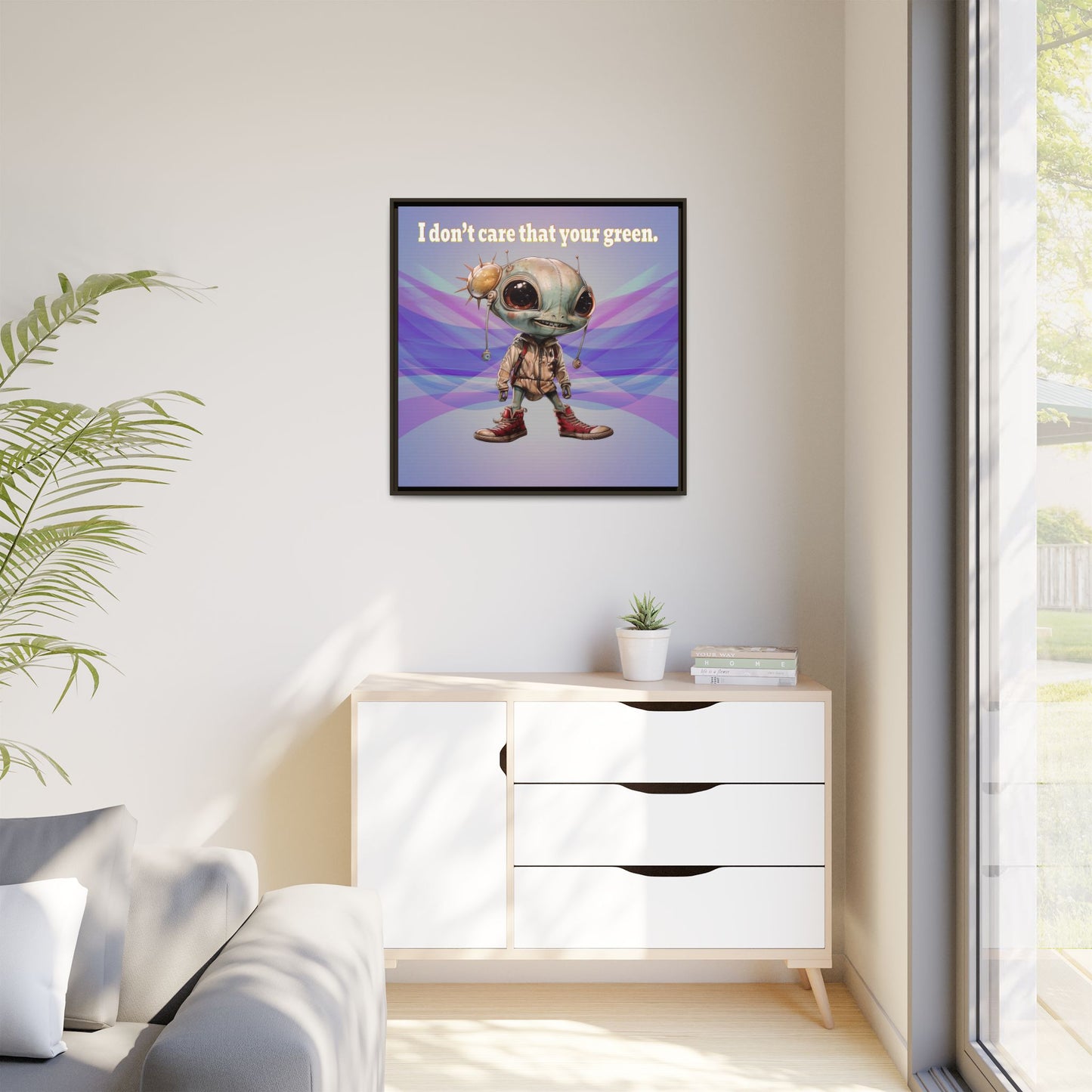 I don't care that your green - framed canvas art (light blue-pink wave)