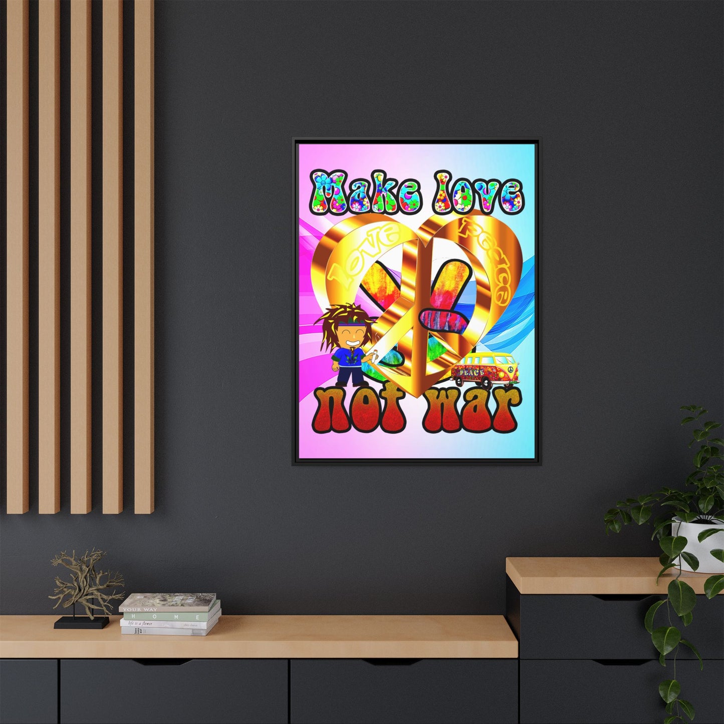 love peace - framed canvas art (light blue-pink wave)