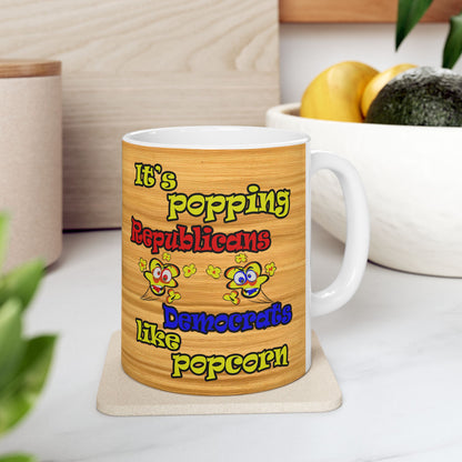 popping like popcorn - White Mug (butterscotch wood finish)