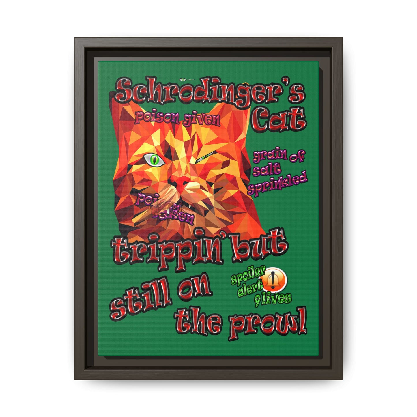 schrodinger's cat - framed canvas art (dark green)