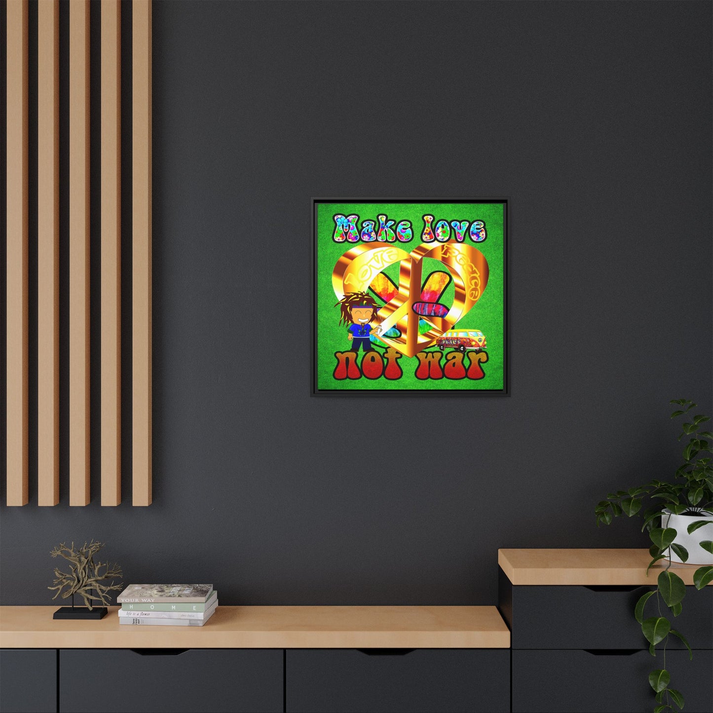 love peace - framed canvas art (green turf)