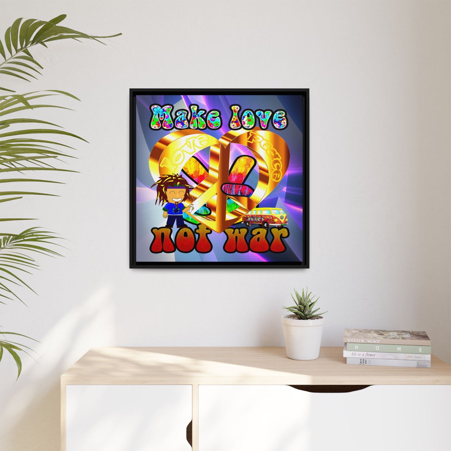 love peace - framed canvas art (grey-pink wave)