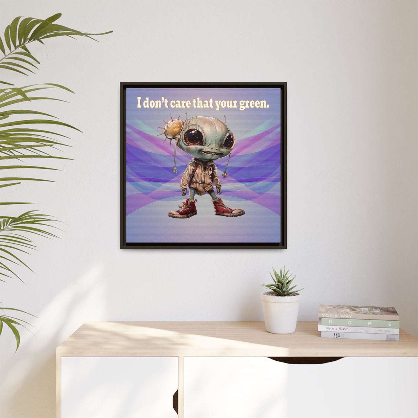 I don't care that your green - framed canvas art (light blue-pink wave)