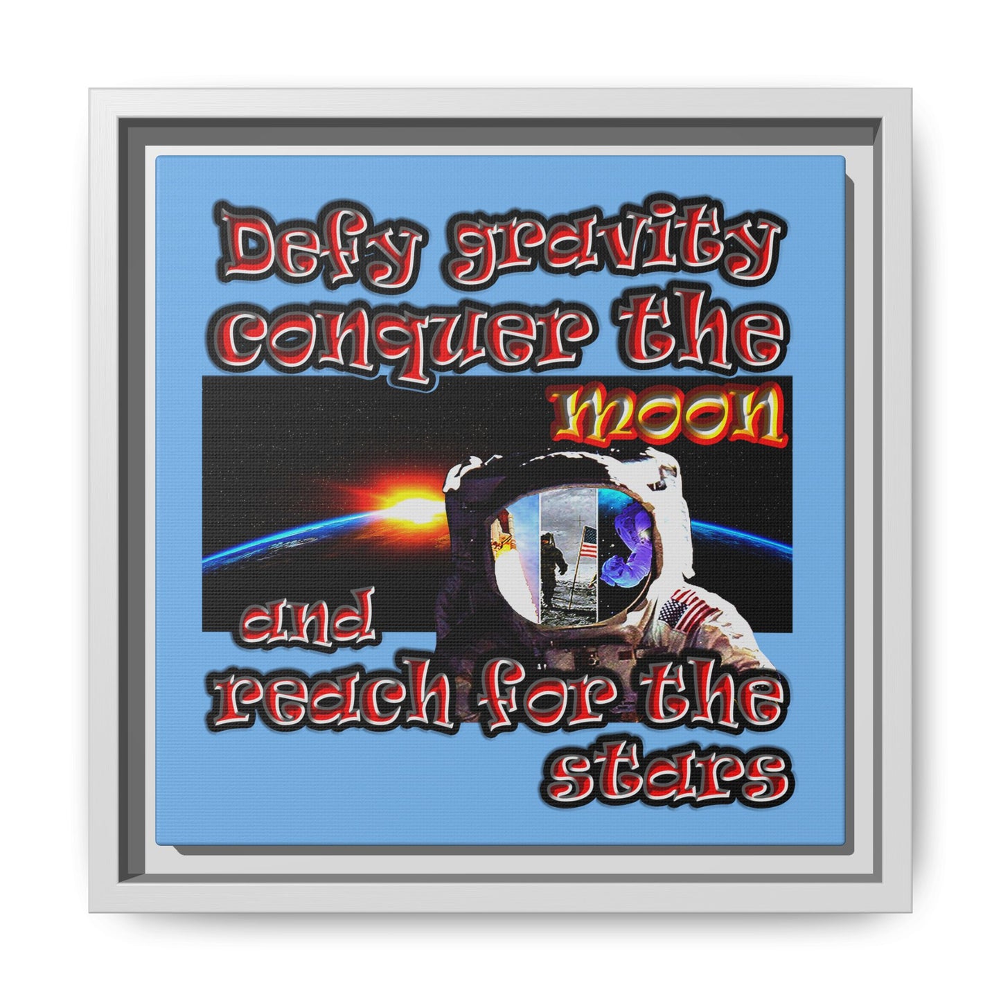 defy conquer reach - framed canvas art (light blue)