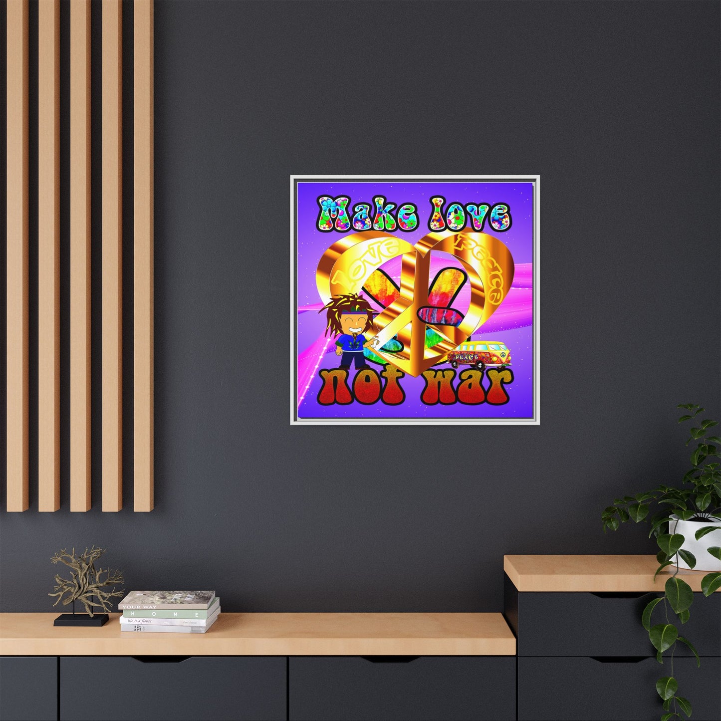 love peace - framed canvas art (purple-pink wave)