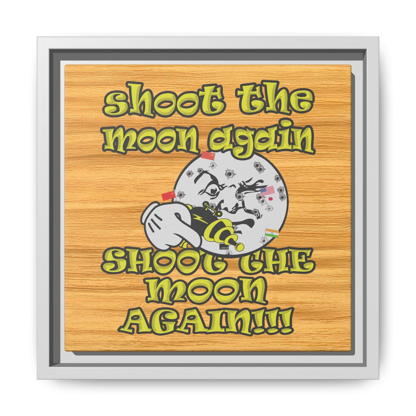 shoot the moon again - framed canvas art (butterscotch wood finish)