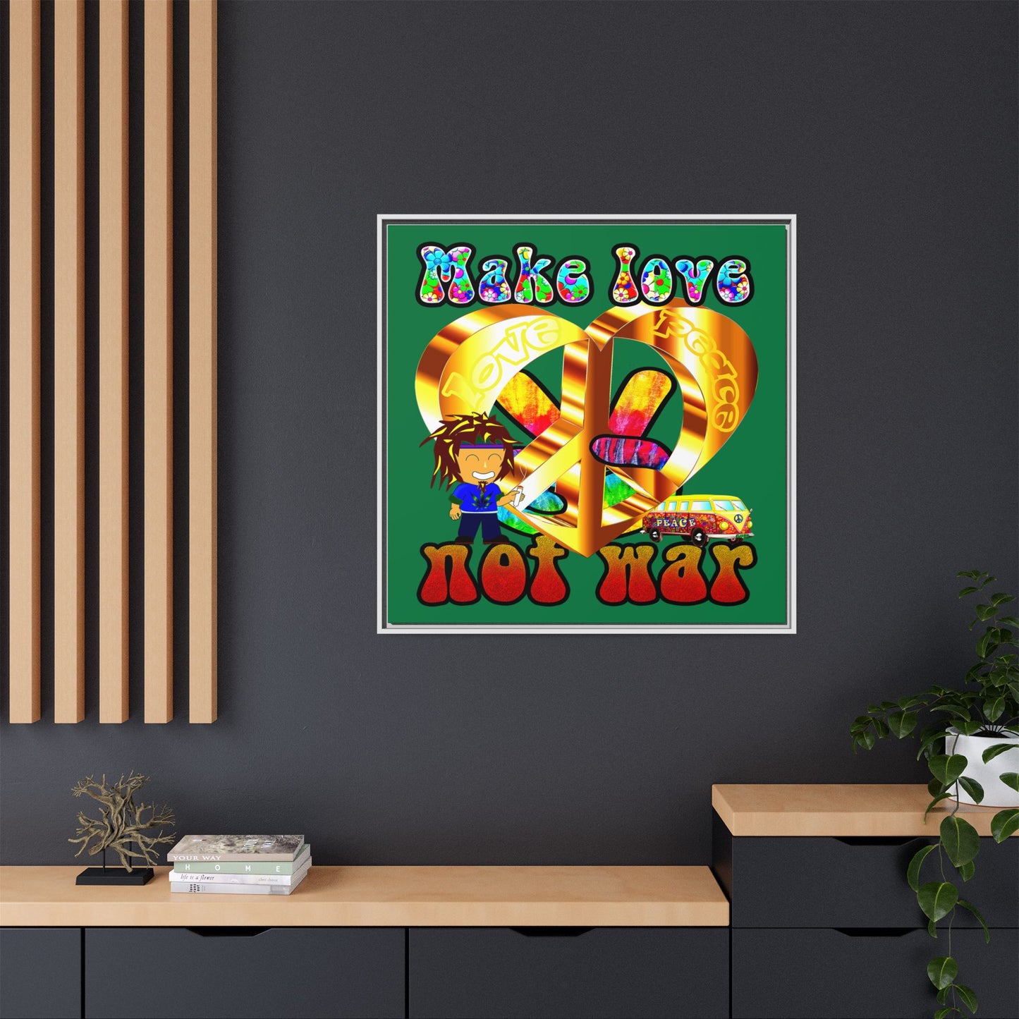 love peace - framed canvas art (dark green)