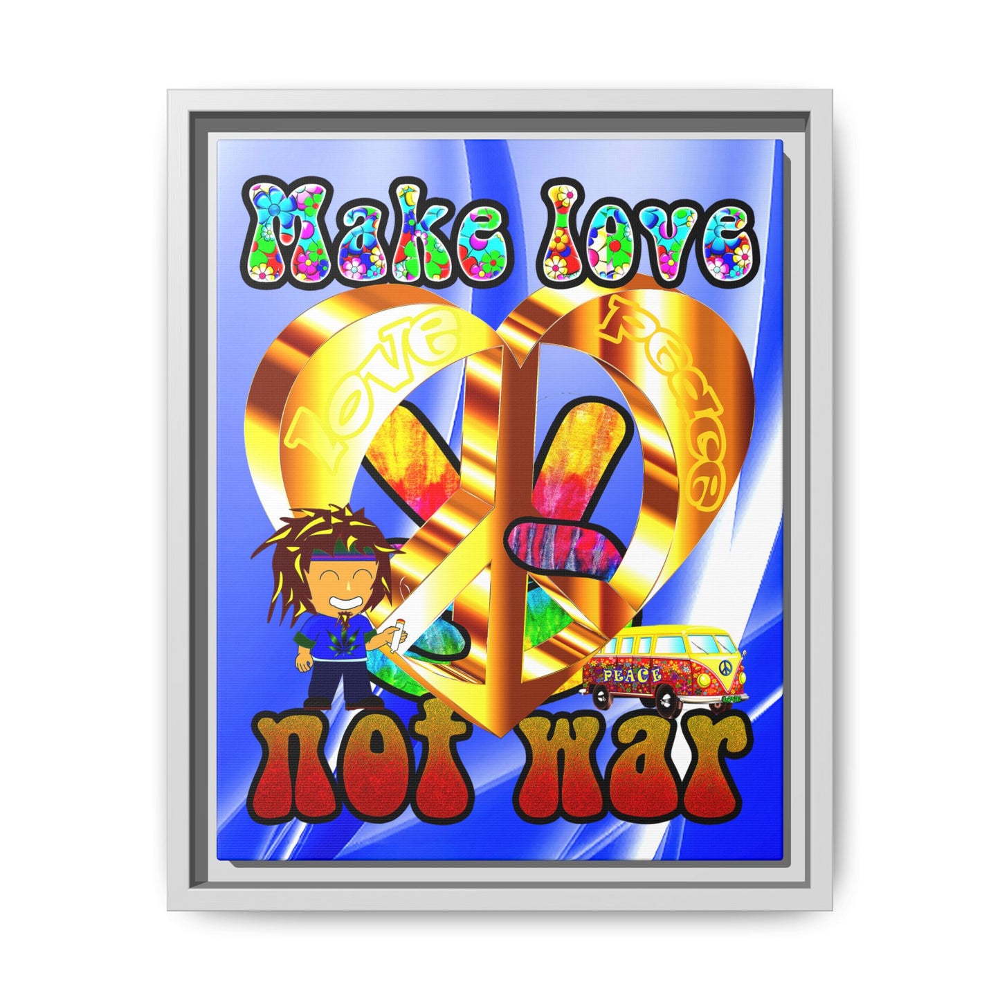 love peace - framed canvas art (blue-white wave)