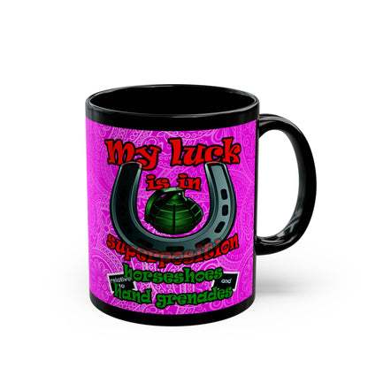 my luck - Black Mug (pink swirl)