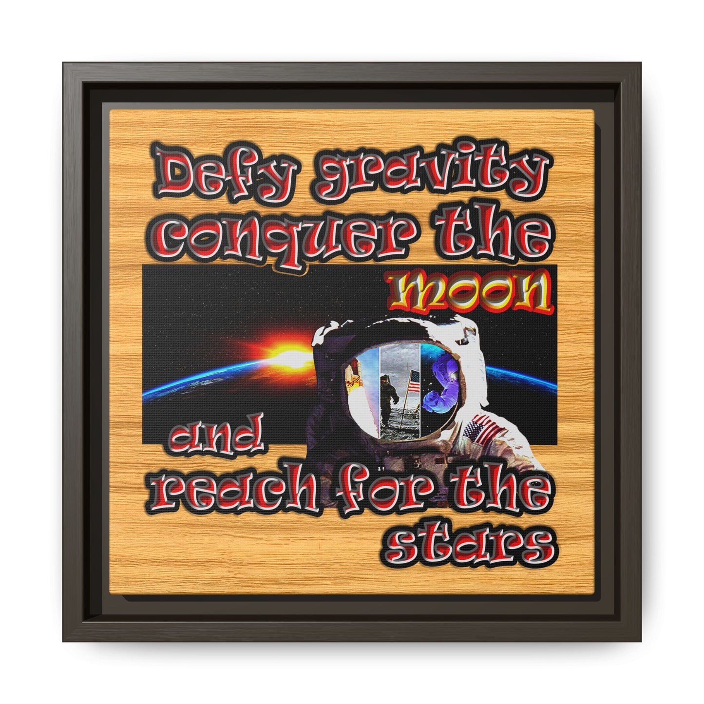 defy conquer reach - framed canvas art (butterscotch wood finish)