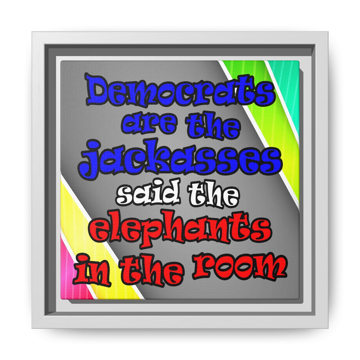 donkeys and elephants - framed canvas art (rainbow split)