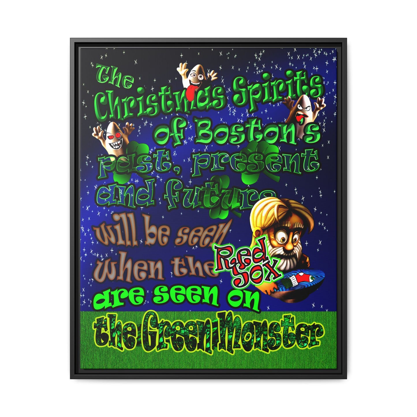 christmas spirits of boston - framed canvas art ('snoops' background)