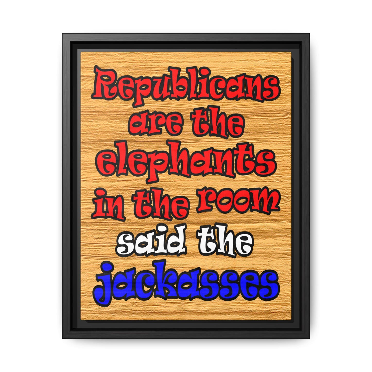 donkeys and elephants - framed canvas art (butterscotch wood finish)