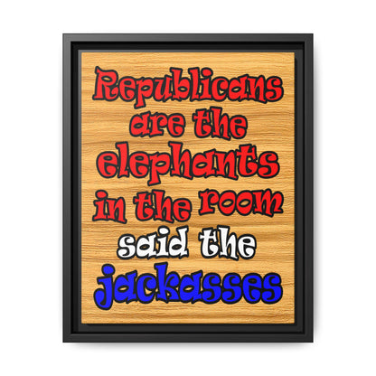 donkeys and elephants - framed canvas art (butterscotch wood finish)
