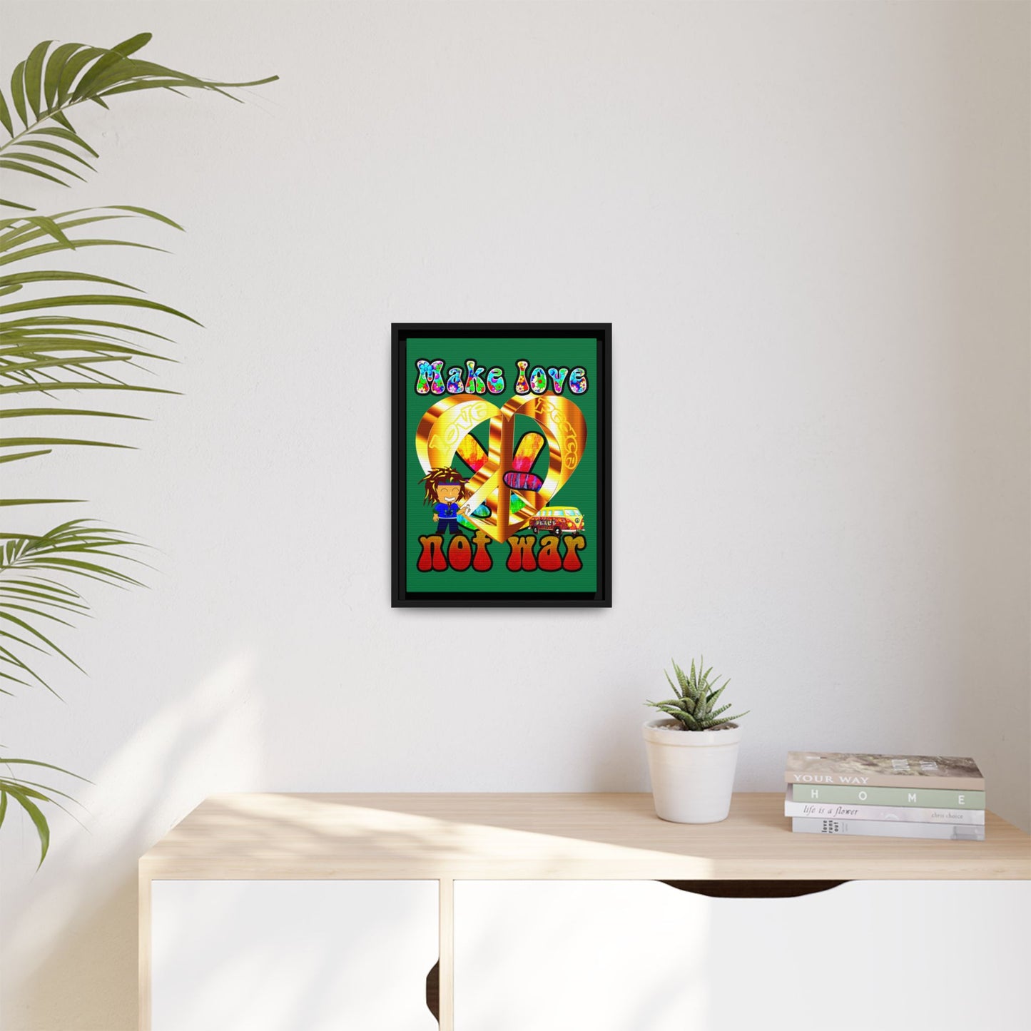 love peace - framed canvas art (dark green)