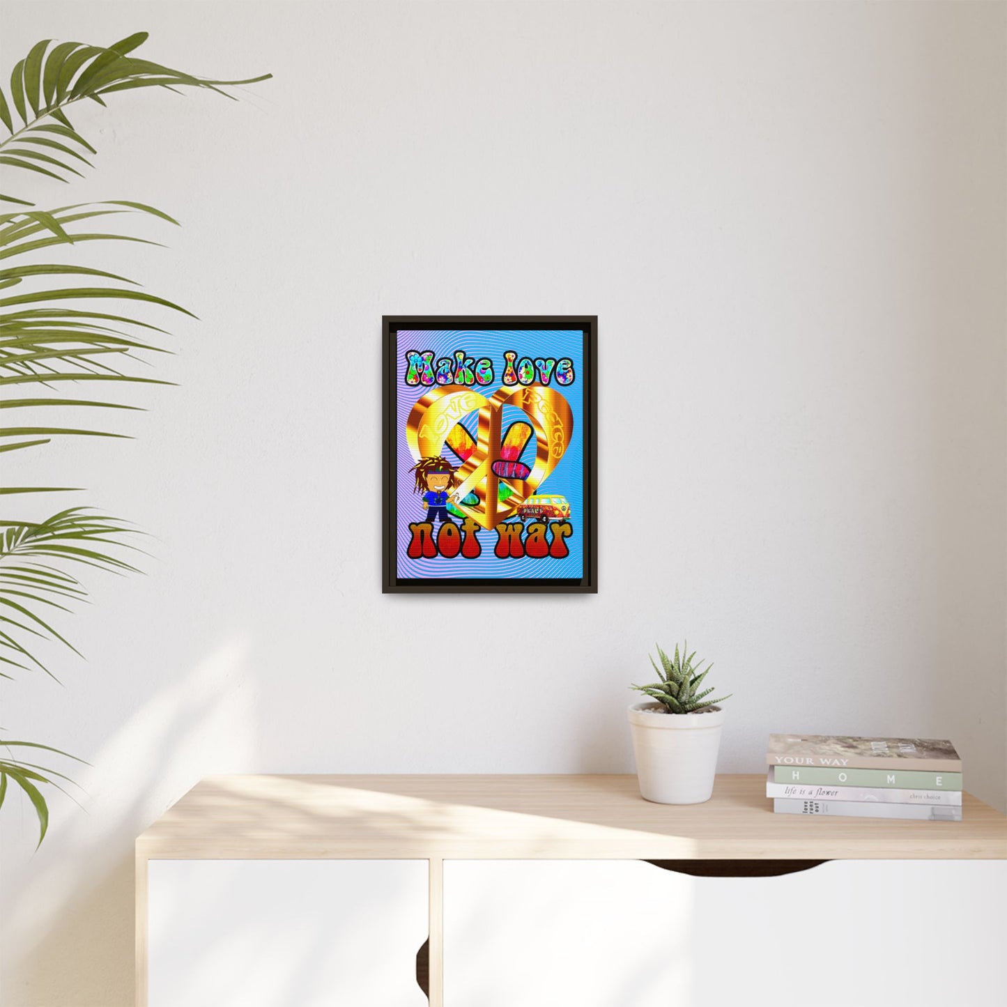 love peace - framed canvas art (light blue-purple wave)