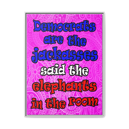 donkeys and elephants - framed canvas art (pink swirl)