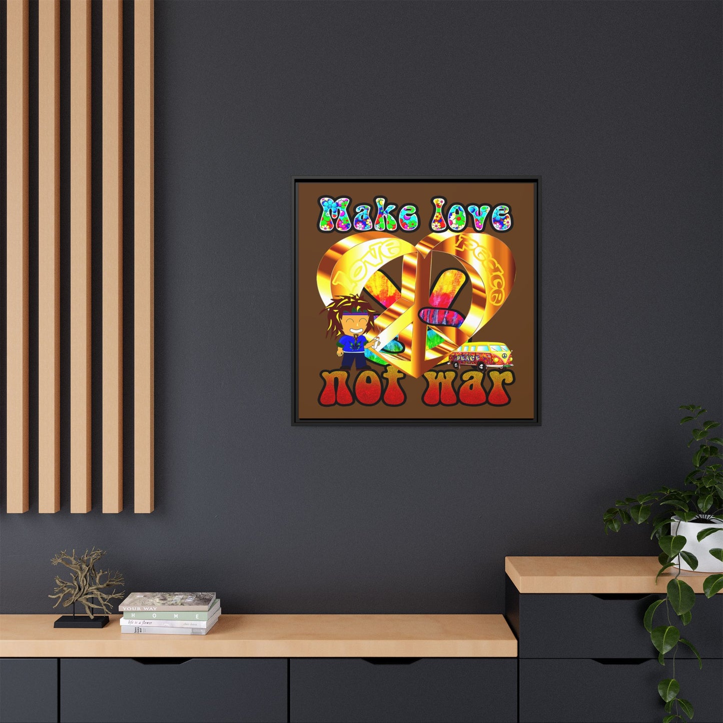 love peace - framed canvas art (brown)