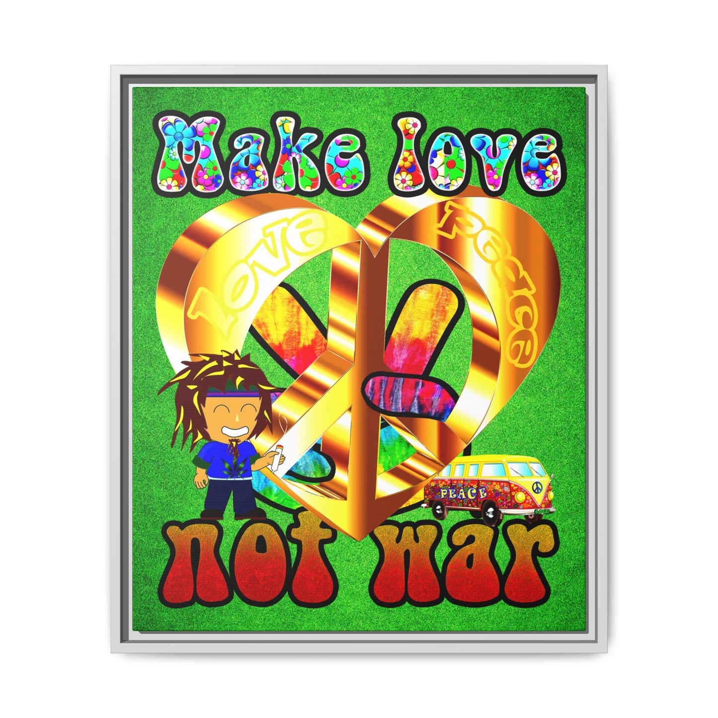 love peace - framed canvas art (green turf)