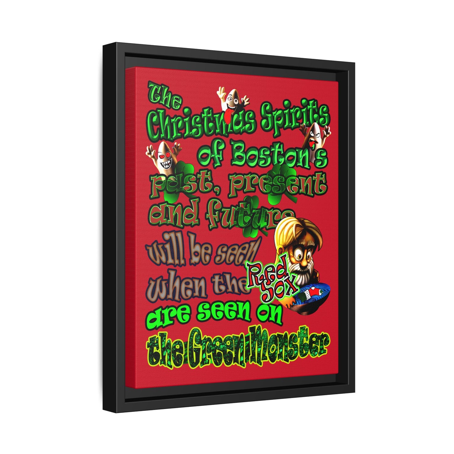 christmas spirits of boston - framed canvas art (dark red)