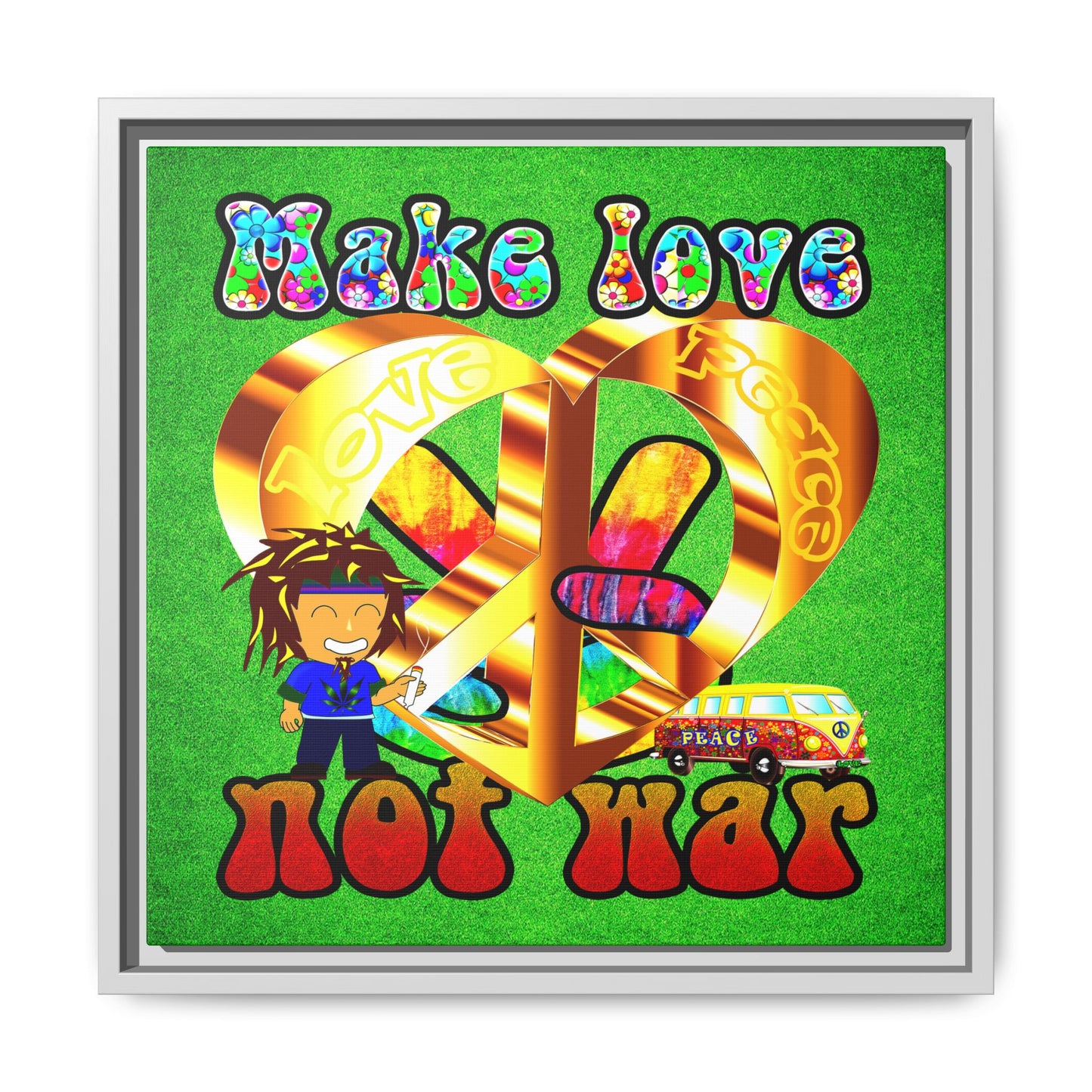 love peace - framed canvas art (green turf)