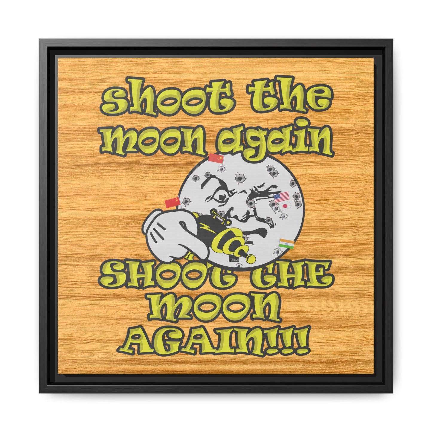 shoot the moon again - framed canvas art (butterscotch wood finish)