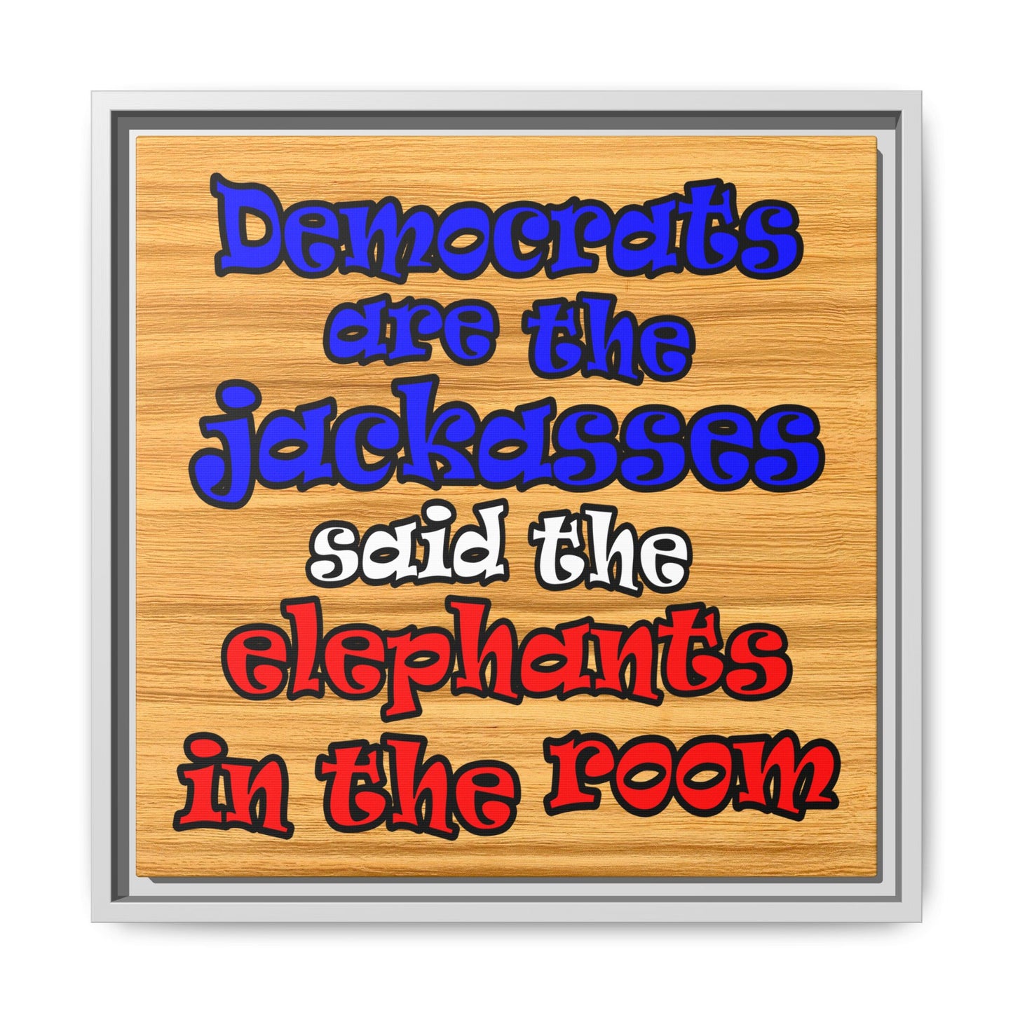 donkeys and elephants - framed canvas art (butterscotch wood finish)