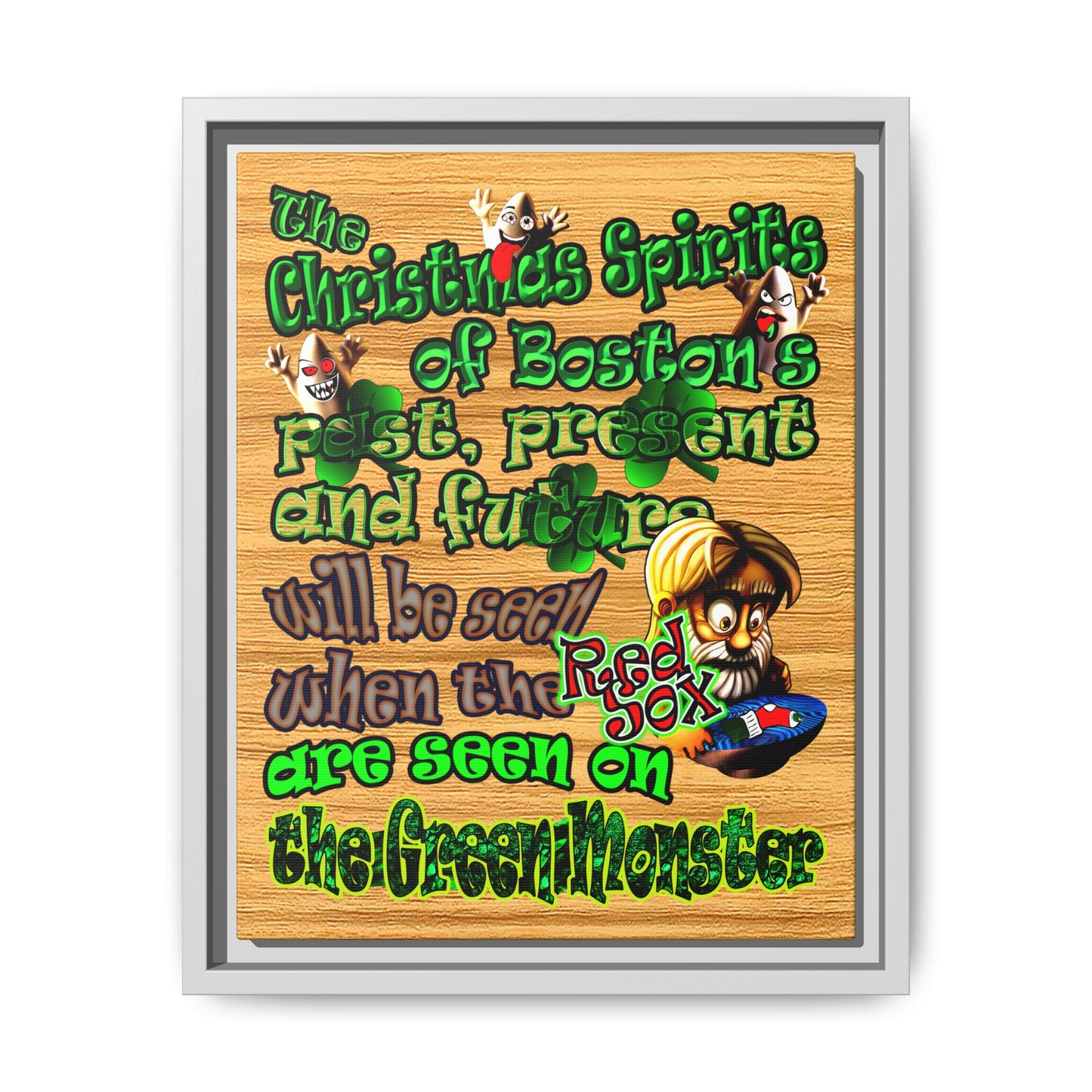 christmas spirits of boston - framed canvas art (butterscotch wood finish)