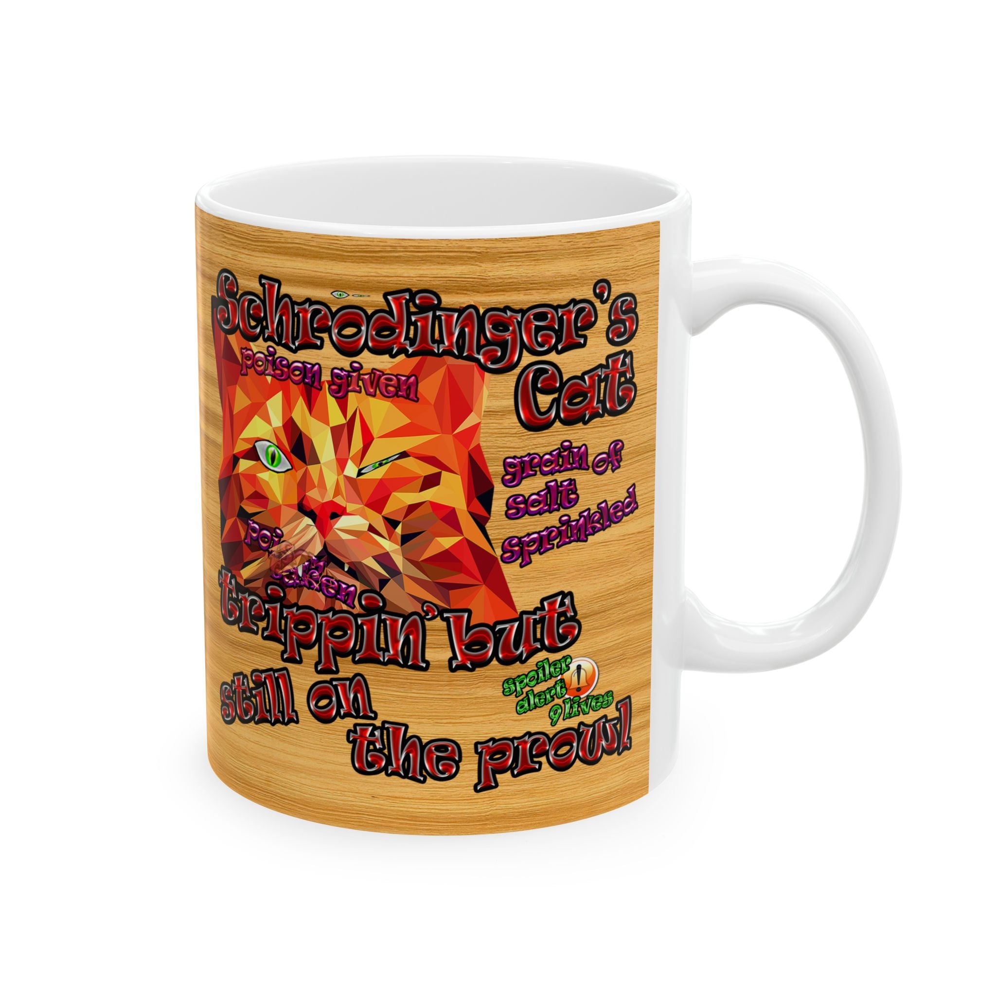 schrodinger's cat - White Mug (butterscotch wood finish)