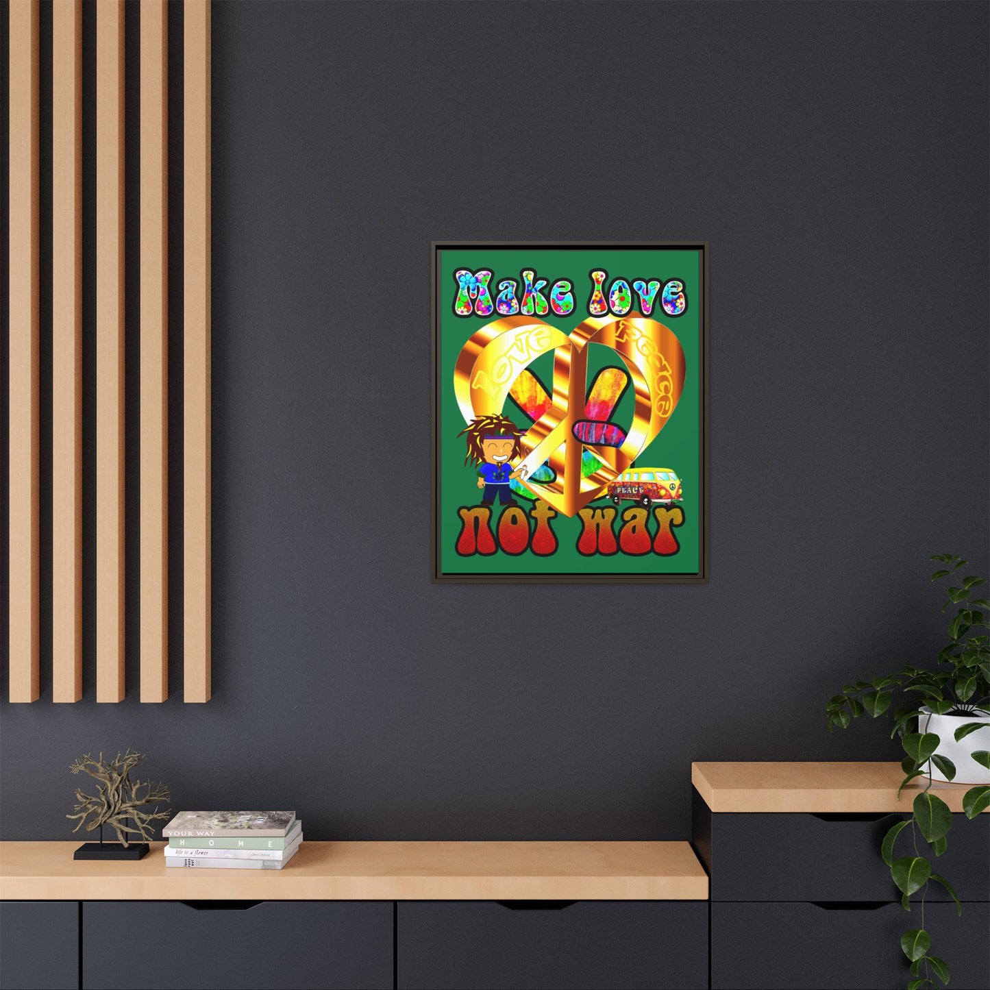 love peace - framed canvas art (dark green)