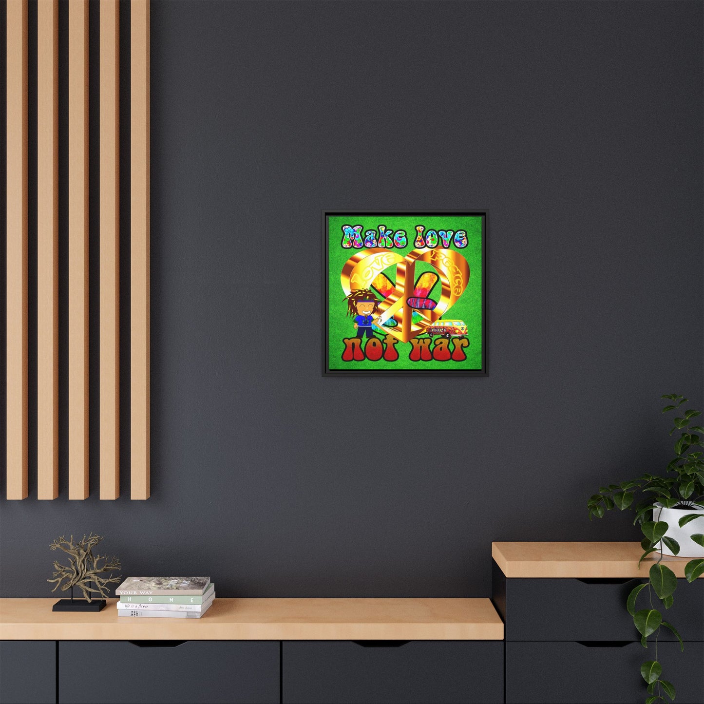 love peace - framed canvas art (green turf)