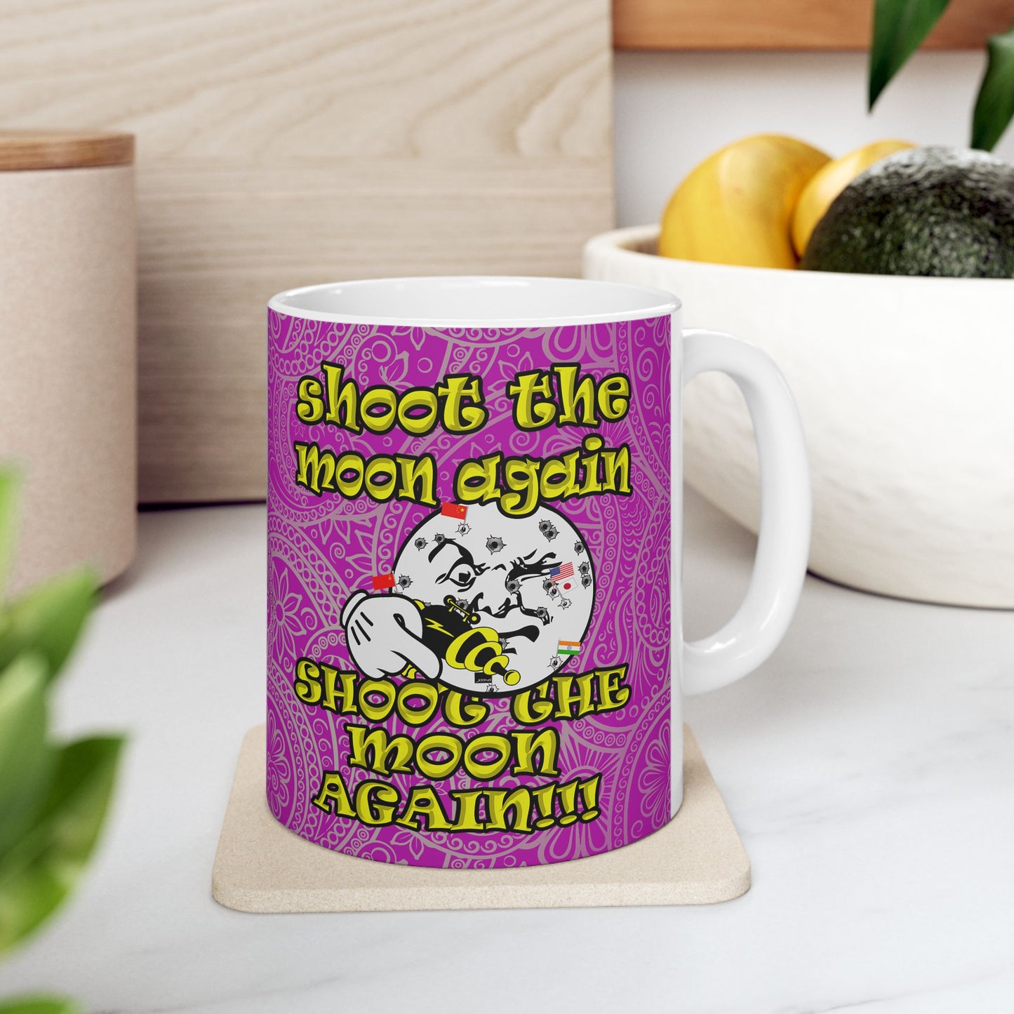 shoot the moon again - White Mug (pink swirl)