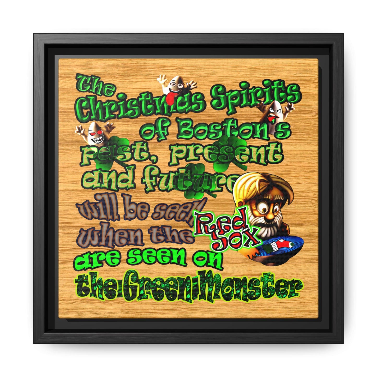 christmas spirits of boston - framed canvas art (butterscotch wood finish)