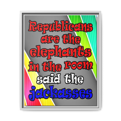 donkeys and elephants - framed canvas art (rainbow split)