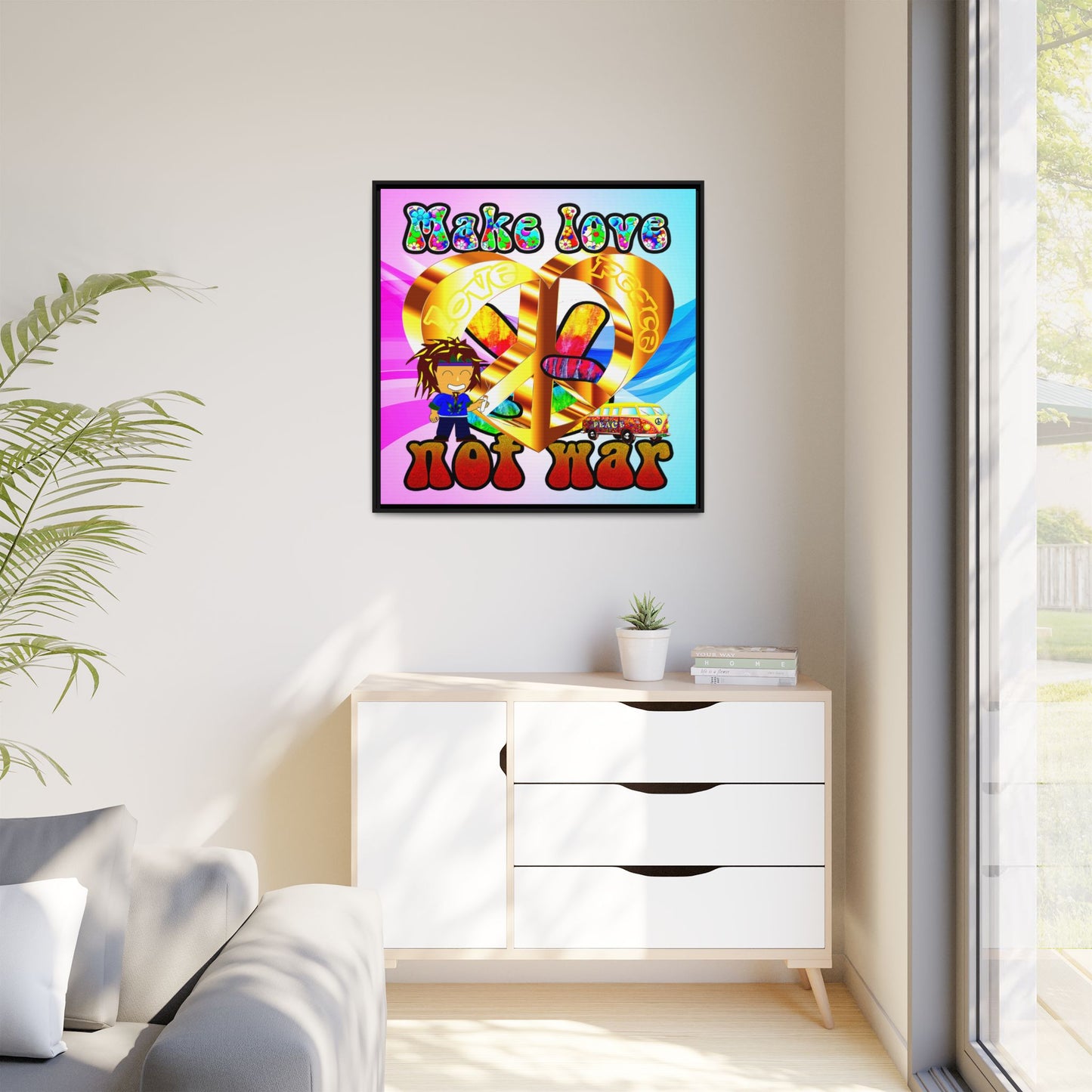 love peace - framed canvas art (light blue-pink wave)