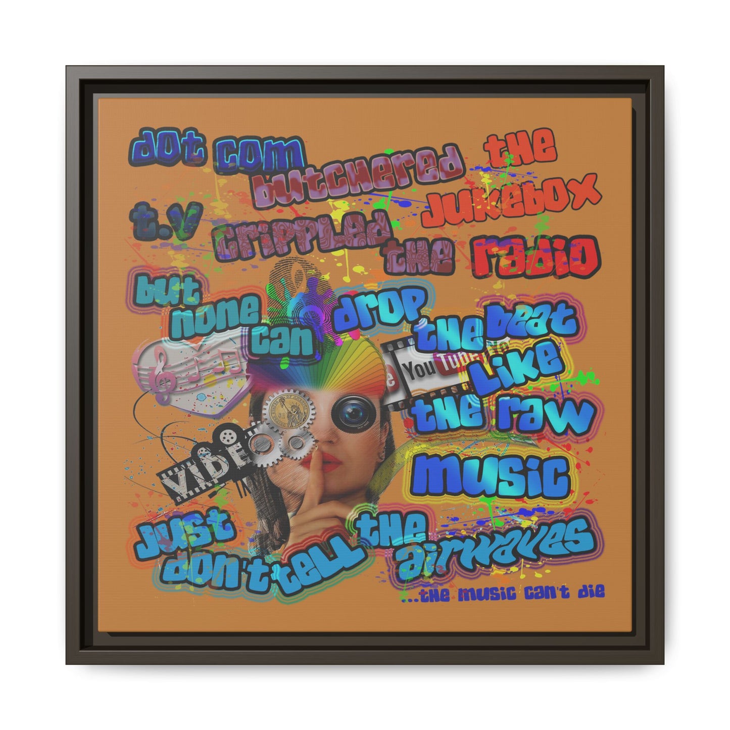 drop the beat - framed canvas art (light brown)