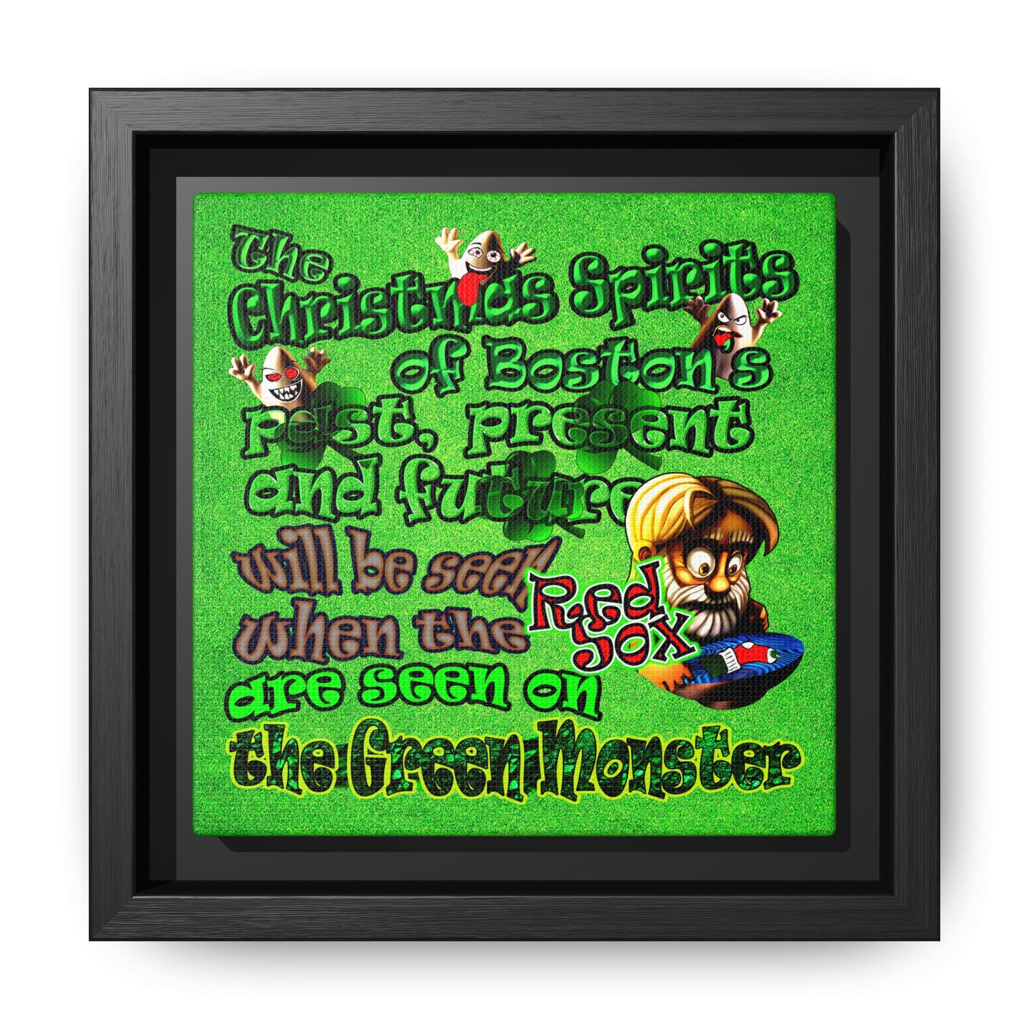 christmas spirits of boston - framed canvas art (green turf)