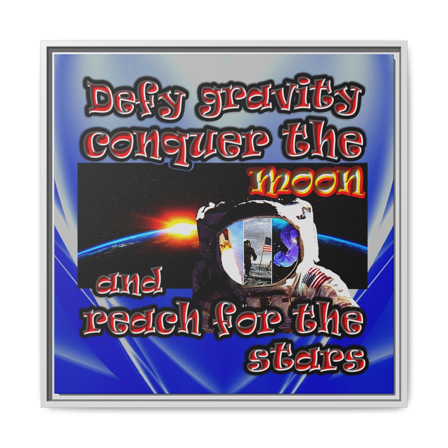 defy conquer reach - framed canvas art (blue-white wave)