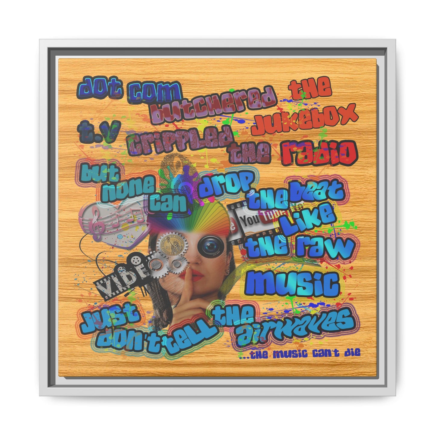 drop the beat - framed canvas art (butterscotch wood finish)