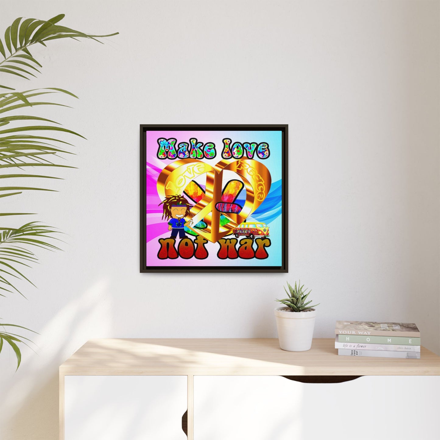 love peace - framed canvas art (light blue-pink wave)