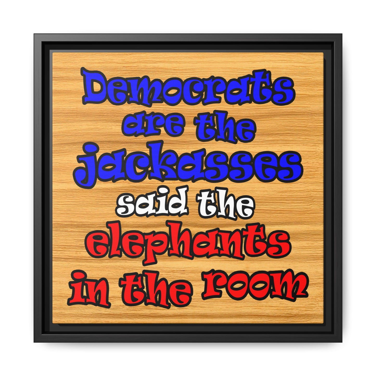 donkeys and elephants - framed canvas art (butterscotch wood finish)