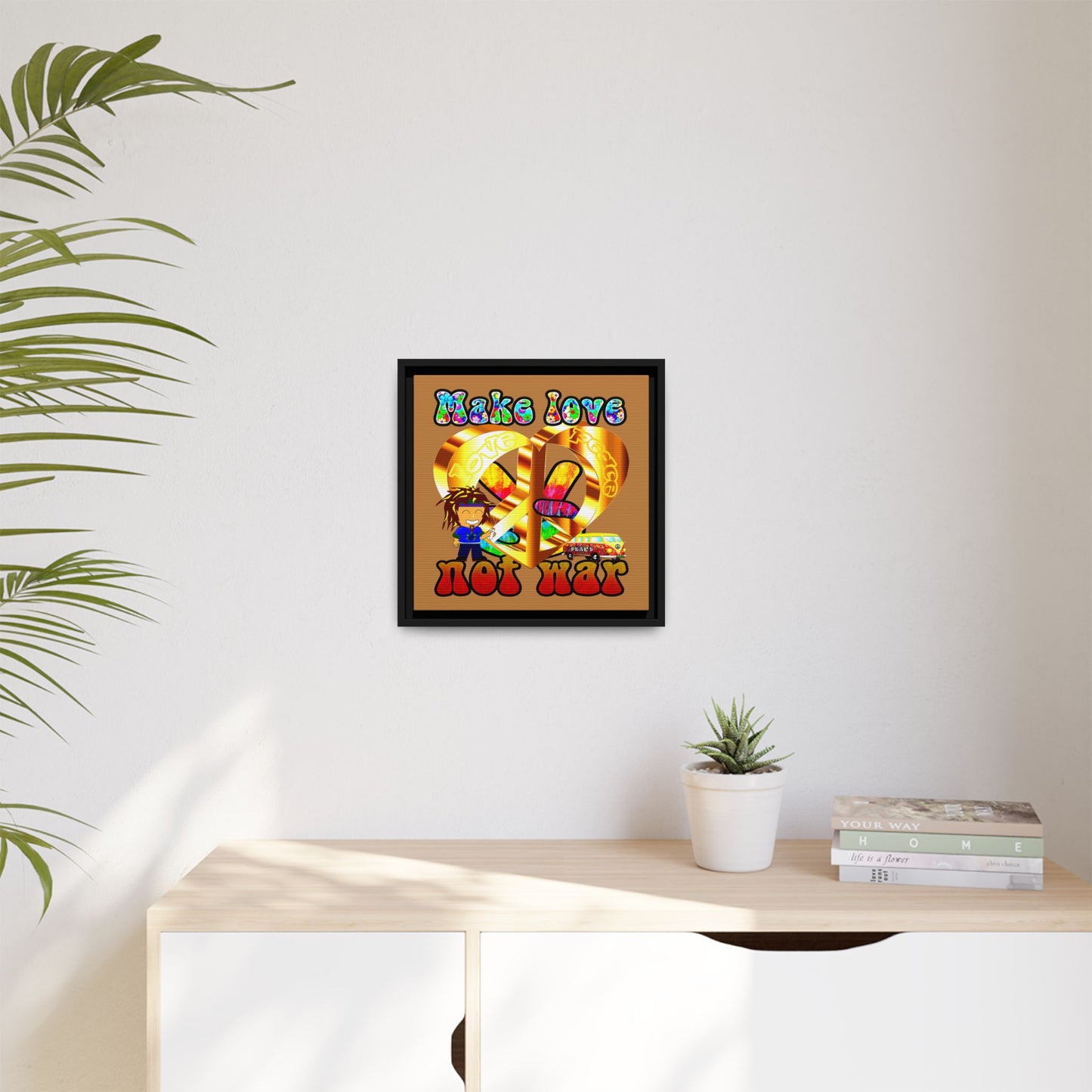 love peace - framed canvas art (light brown)