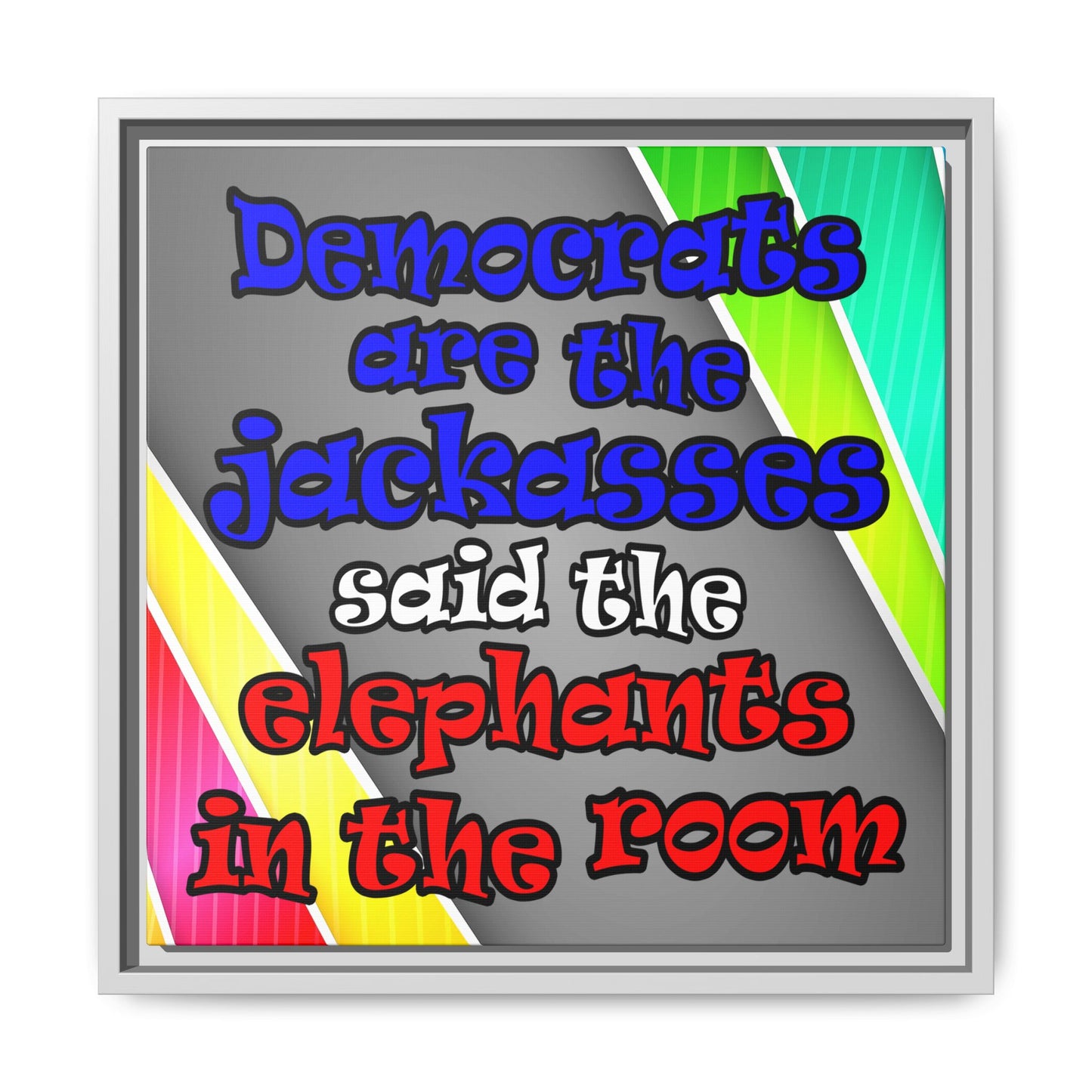 donkeys and elephants - framed canvas art (rainbow split)