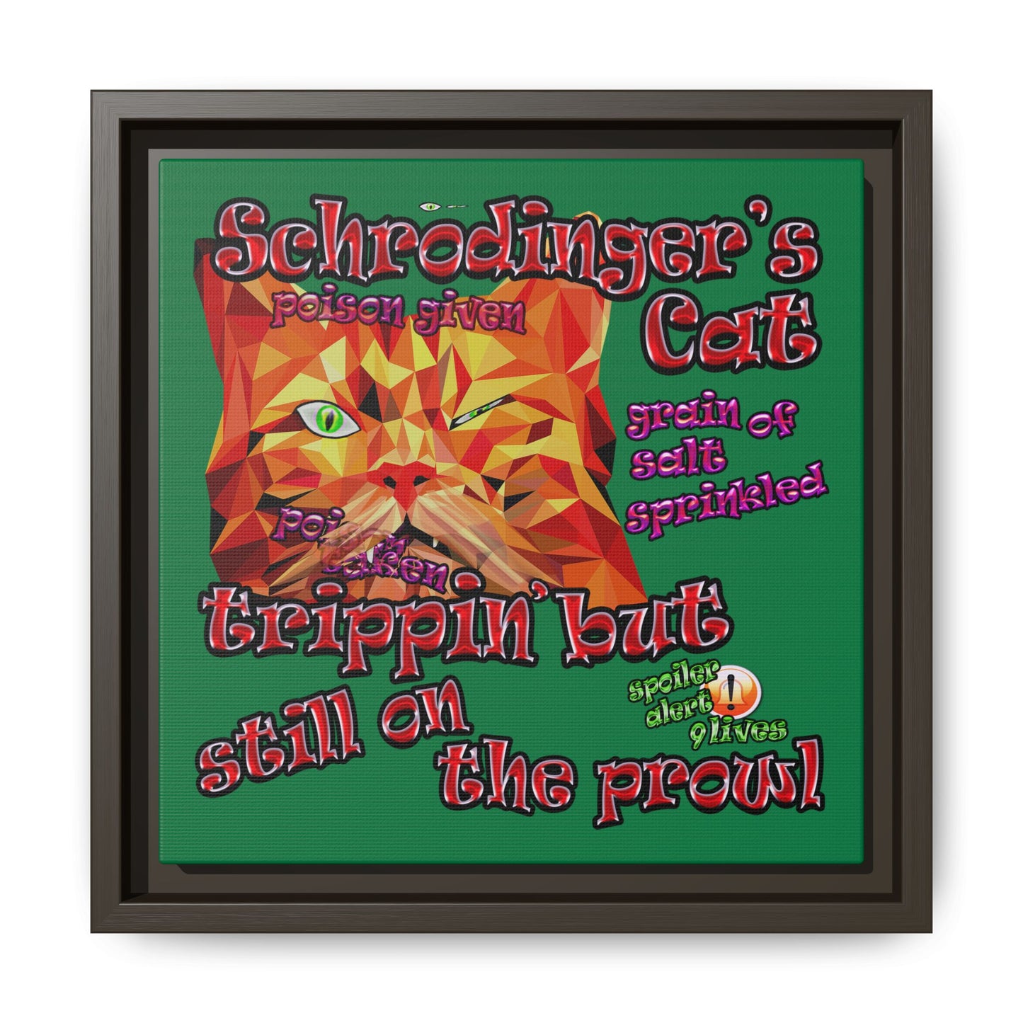 schrodinger's cat - framed canvas art (dark green)