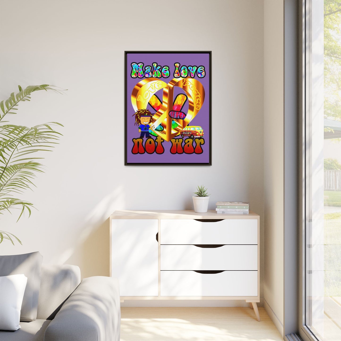 love peace - framed canvas art (light purple)