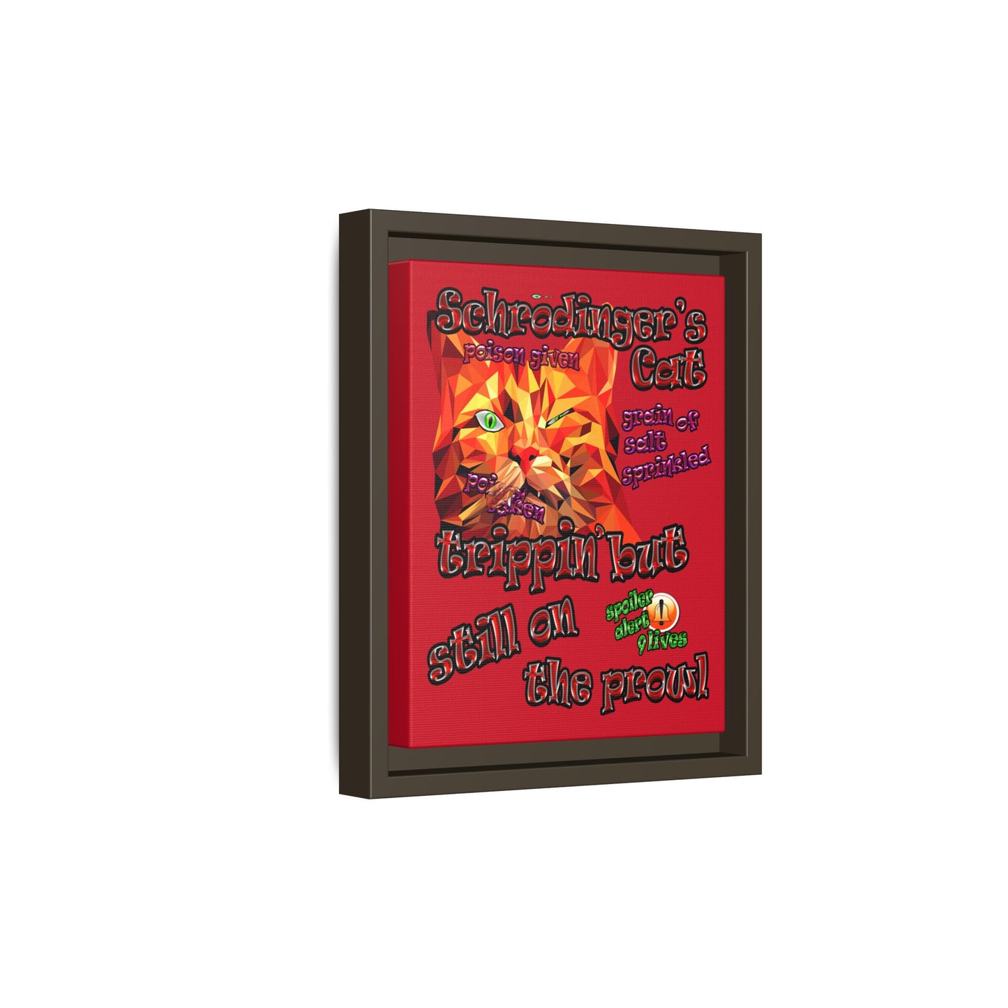 schrodinger's cat - framed canvas art (dark red)