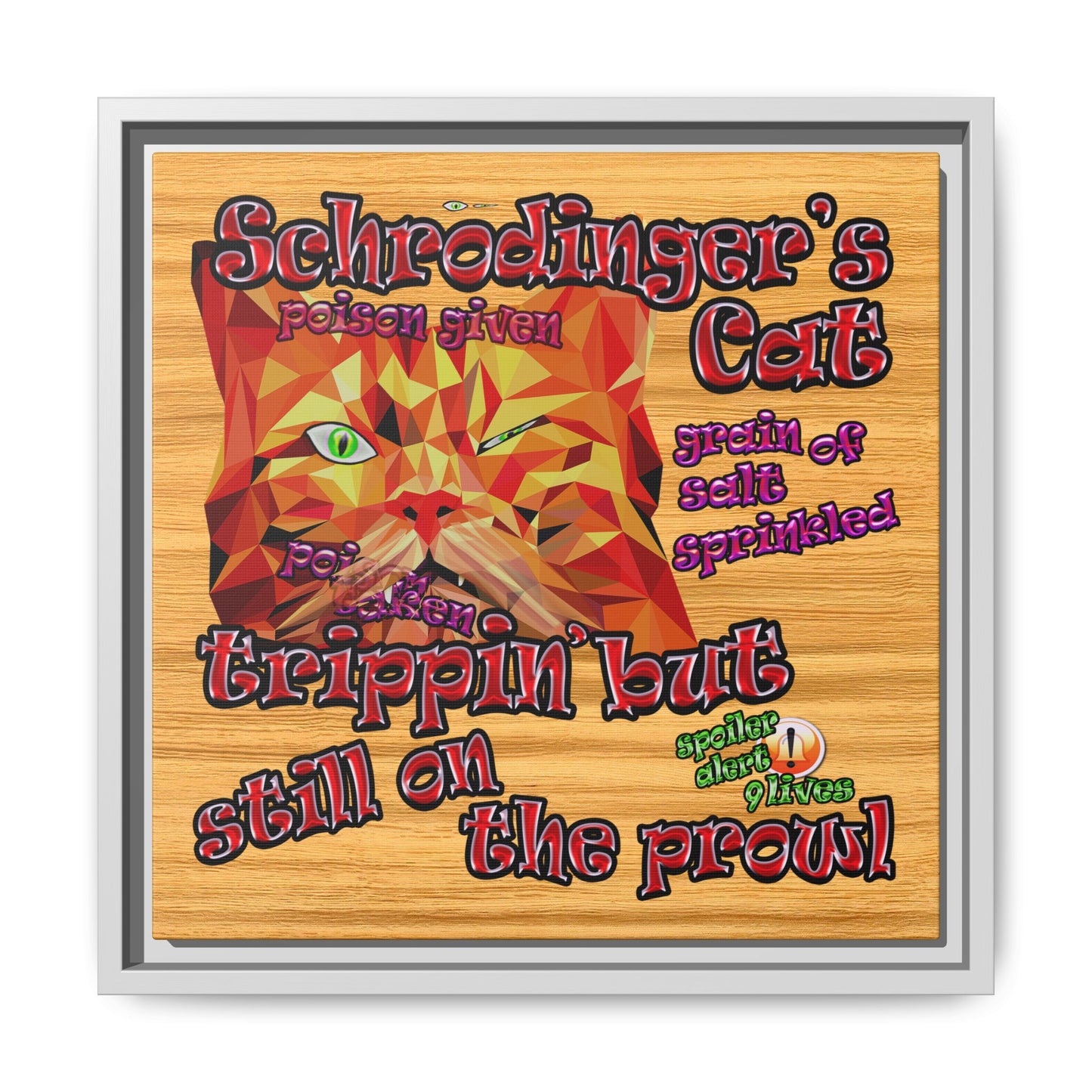 schrodinger's cat - framed canvas art (butterscotch wood finish)