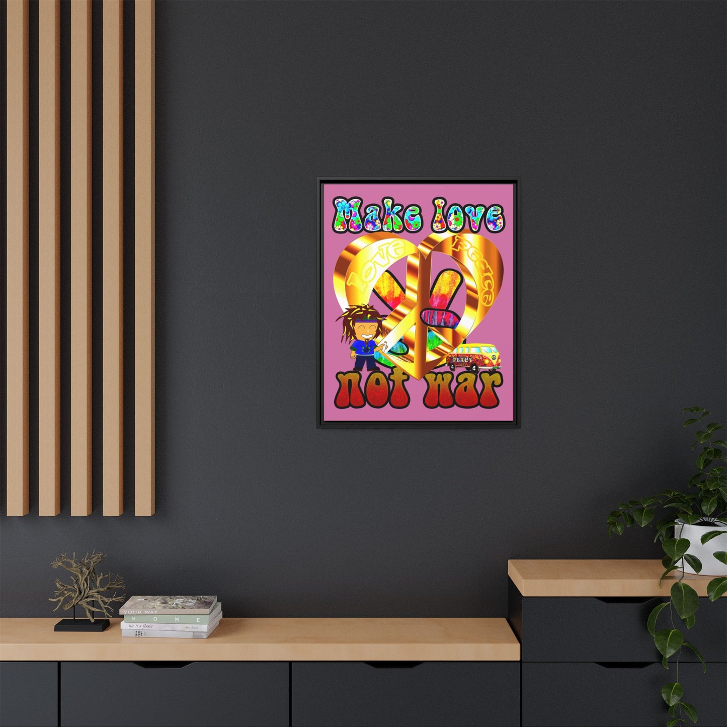 love peace - framed canvas art (light pink)