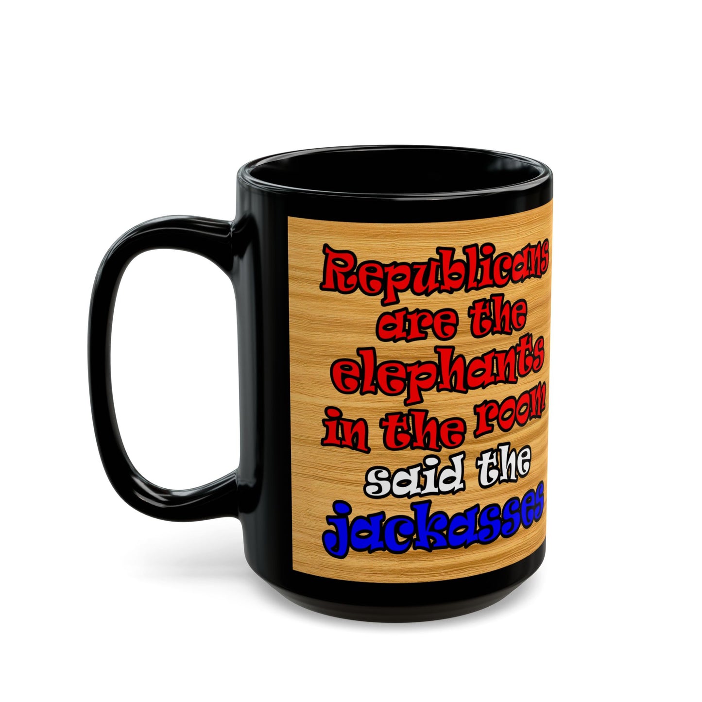 donkeys and elephants - Black Mug (butterscotch wood finish)