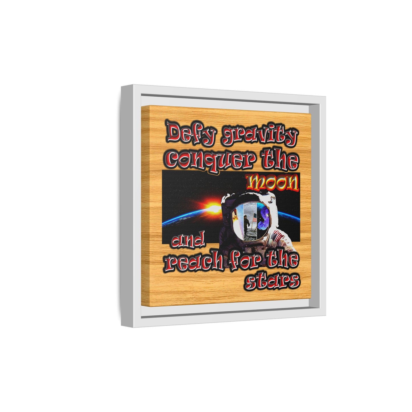 defy conquer reach - framed canvas art (butterscotch wood finish)